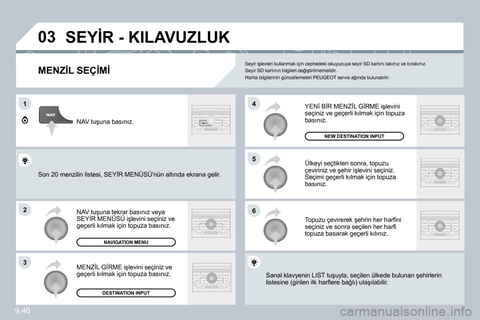 Peugeot Expert VU 2009  Kullanım Kılavuzu (in Turkish) 9.46
�0�3
�1
�2
�3
�6
�5
�4
� �S�E�Y�İ�R� �-� �K�I�L�A�V�U�Z�L�U�K� 
� � �M�E�N�Z�İ�L� �S�E�Ç�İ�M�İ� 
� �N�A�V� �t�u�ş�u�n�a� �t�e�k�r�a�r� �b�a�s�ı�n�ı�z� �v�e�y�a� �S�E�Y�İ�R� �M�E�N�Ü�S�