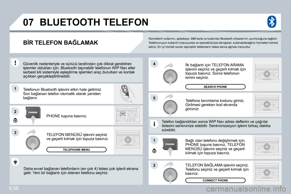 Peugeot Expert VU 2009  Kullanım Kılavuzu (in Turkish) 9.58
�0�7
�1
�3
�5
�4
�2
�1
�2
� �H�i�z�m�e�t�l�e�r�i�n� �k�u�l�l�a�n�ı�m�ı�,� �ş�e�b�e�k�e�y�e�,� �S�I�M� �k�a�r�t�a� �v�e� �k�u�l�l�a�n�ı�l�a�n� �B�l�u�e�t�o�o�t�h� �c�i�h�a�z�l�a�r�ı�n�ı�n� �
