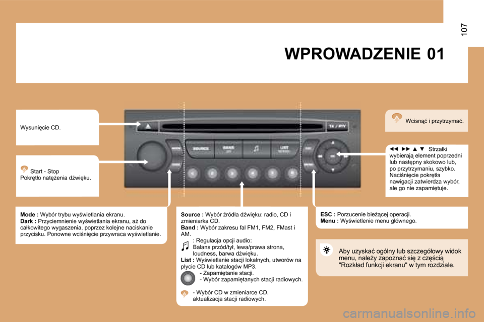 Peugeot Expert VU 2008.5  Instrukcja Obsługi (in Polish) �0�1
�1�0�7
� �W�P�R�O�W�A�D�Z�E�N�I�E� 
� �W�y�s�u�n�i�c�i�e� �C�D�.� 
� �S�t�a�r�t� �-� �S�t�o�p� � �P�o�k�r�t�ł�o� �n�a�tG�e�n�i�a� �dE�w�i�k�u� �.
�M�o�d�e� �:� � �W�y�b�ó�r� �t�r�y�b�