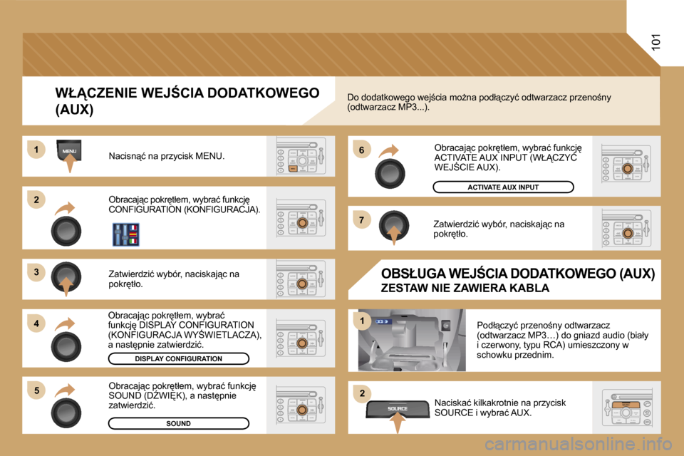Peugeot Expert VU 2007  Instrukcja Obsługi (in Polish) �2 
�3 
�4�5 �6 
�7
�1
�2
�1
�1�0�1
�W�Ł�C�Z�E�N�I�E� �W�E�J:�C�I�A� �D�O�D�A�T�K�O�W�E�G�O�  
�(�A�U�X�)
�N�a�c�i�s�n"�ć� �n�a� �p�r�z�y�c�i�s�k� �M�E�N�U�.�  
�O�b�r�a�c�a�j"�c� �p�o�k�r�t�