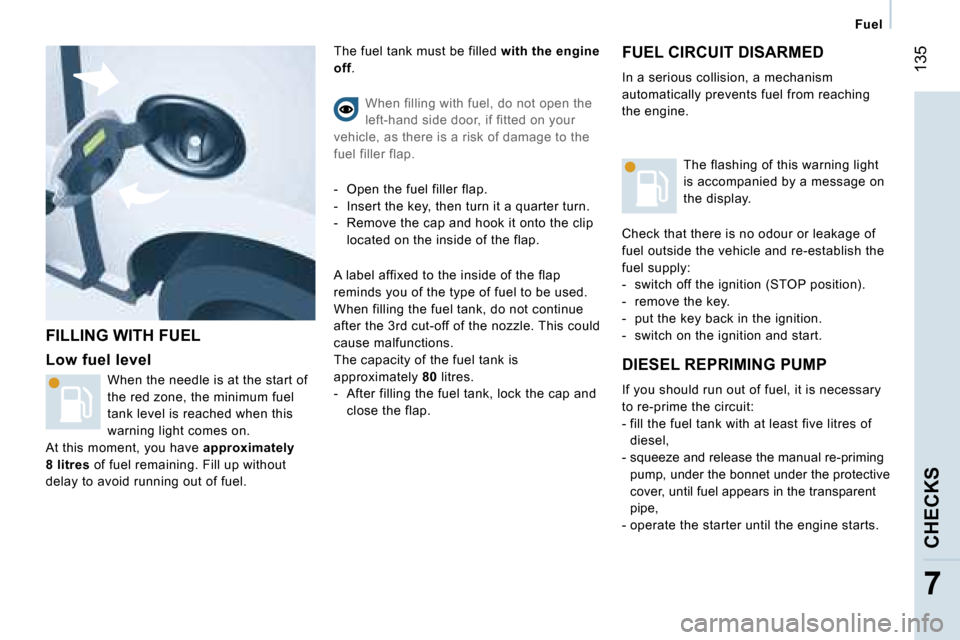 Peugeot Expert VU Dag 2007  Owners Manual � �1�3�5
�7
�F�I�L�L�I�N�G� �W�I�T�H� �F�U�E�L
�L�o�w� �f�u�e�l� �l�e�v�e�l
�W�h�e�n� �t�h�e� �n�e�e�d�l�e� �i�s� �a�t� �t�h�e� �s�t�a�r�t� �o�f�  
�t�h�e� �r�e�d� �z�o�n�e�,� �t�h�e� �m�i�n�i�m�u�m� 