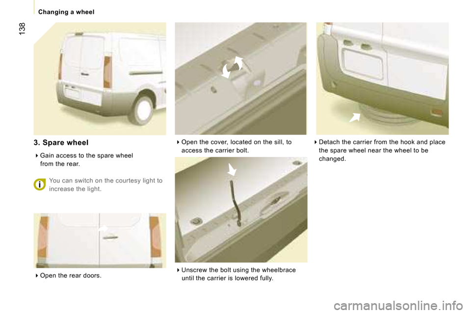 Peugeot Expert VU Dag 2007  Owners Manual �1�3�8
�� �O�p�e�n� �t�h�e� �c�o�v�e�r�,� �l�o�c�a�t�e�d� �o�n� �t�h�e� �s�i�l�l�,� �t�o� 
�a�c�c�e�s�s� �t�h�e� �c�a�r�r�i�e�r� �b�o�l�t�.
��  �U�n�s�c�r�e�w� �t�h�e� �b�o�l�t� �u�s�i�n�g� �t�h