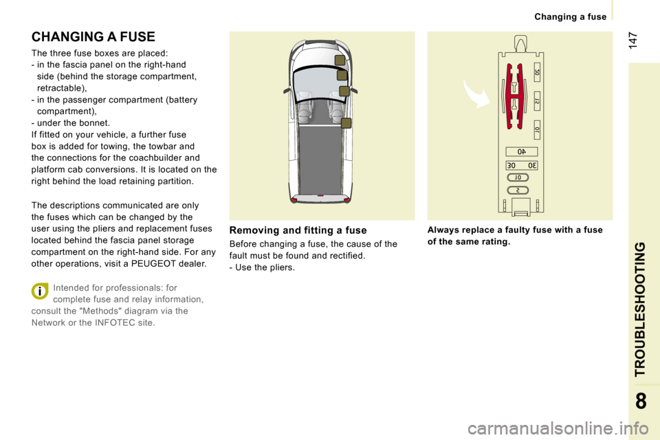 Peugeot Expert VU Dag 2007  Owners Manual � �1�4�7
�8
�C�h�a�n�g�i�n�g� �a� �f�u�s�e
�C�H�A�N�G�I�N�G� �A� �F�U�S�E
�T�h�e� �t�h�r�e�e� �f�u�s�e� �b�o�x�e�s� �a�r�e� �p�l�a�c�e�d�:�  
�-� �i�n� �t�h�e� �f�a�s�c�i�a� �p�a�n�e�l� �o�n� �t�h�e� 