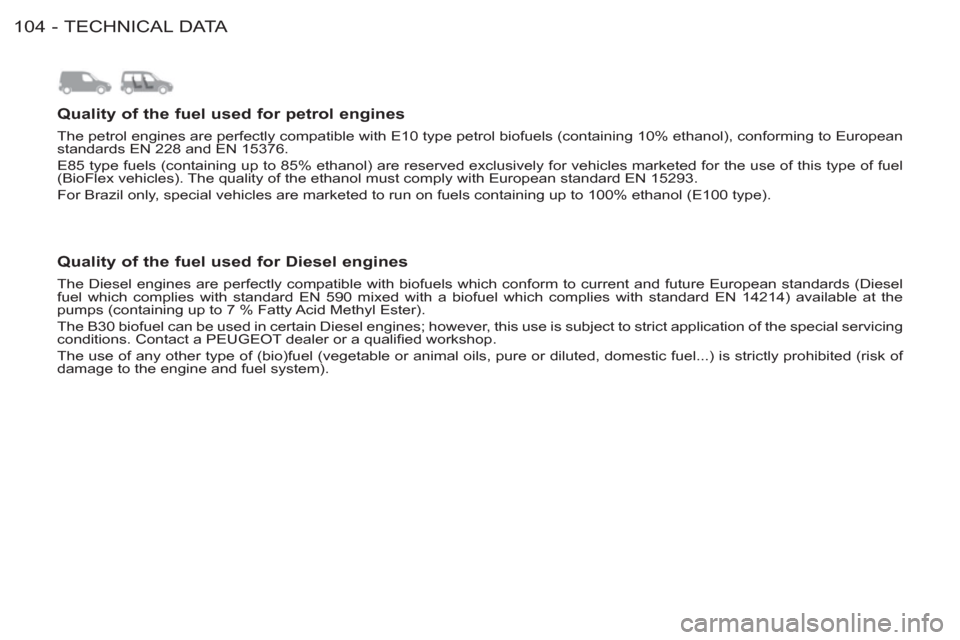 Peugeot M59 2012 Owners Manual - RHD (UK, Australia) TECHNICAL DATA
104 -
Quality of the fuel used for petrol engines
Quality of the fuel used for Diesel engines
The petrol engines are perfectly comp Peugeot M59 2012 Owners Manual - RHD (UK, Australia) TECHNICAL DATA
104 -
Quality of the fuel used for petrol engines
Quality of the fuel used for Diesel engines
The petrol engines are perfectly comp