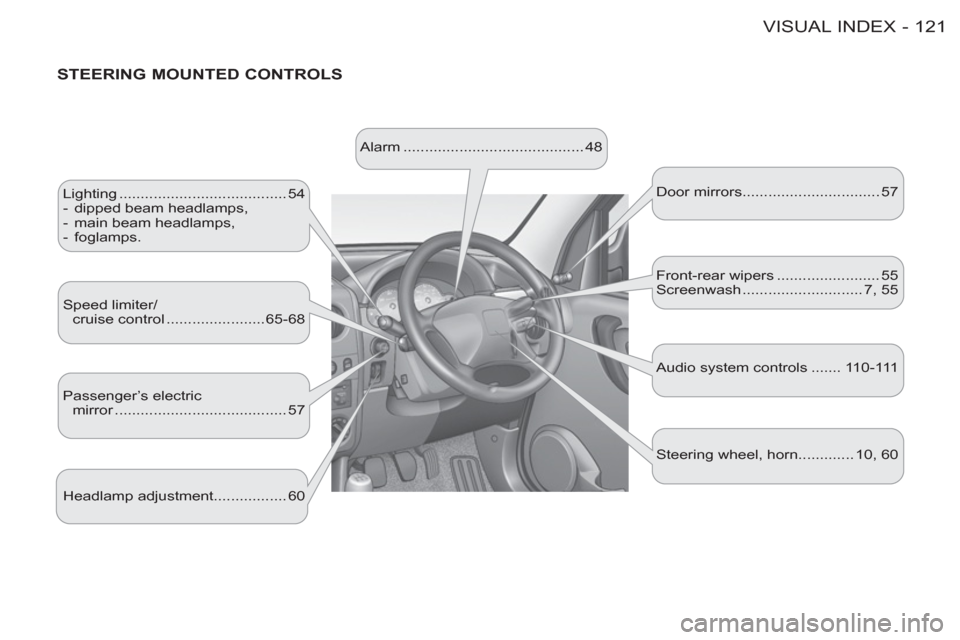 Peugeot M59 2012  Owners Manual - RHD (UK, Australia) 121 VISUAL INDEX-
   
STEERING MOUNTED CONTROLS 
 
Lighting ....................................... 54 
   
 
-   dipped beam headlamps, 
   
-   main beam headlamps, 
   
-  foglamps.  
  Speed limit