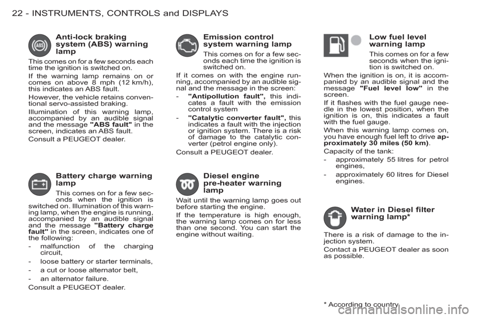 Peugeot M59 2012  Owners Manual - RHD (UK, Australia) INSTRUMENTS, CONTROLS and DISPLAYS
22 -
   
Battery charge warning 
lamp 
  This comes on for a few sec-
onds when the ignition is 
switched on. Illumination of this warn-
ing lamp, when the engine is