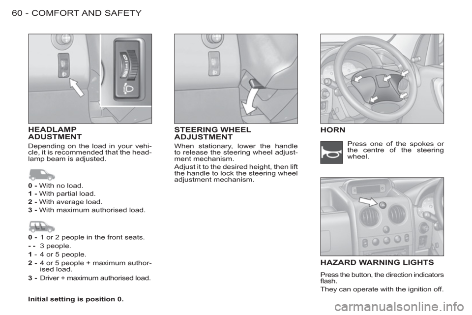 Peugeot M59 2012 - RHD (UK, Australia) Repair Manual COMFORT AND SAFETY
60 -
STEERING WHEEL
ADJUSTMENT HEADLAMPADUSTMENT HORN
HAZARD WARNING LIGHT
S
Press the button, the direction indicators
fl ash.
They can operate with the ignition off. Pre Peugeot M59 2012 - RHD (UK, Australia) Repair Manual COMFORT AND SAFETY
60 -
STEERING WHEEL
ADJUSTMENT HEADLAMPADUSTMENT HORN
HAZARD WARNING LIGHT
S
Press the button, the direction indicators
fl ash.
They can operate with the ignition off. Pre