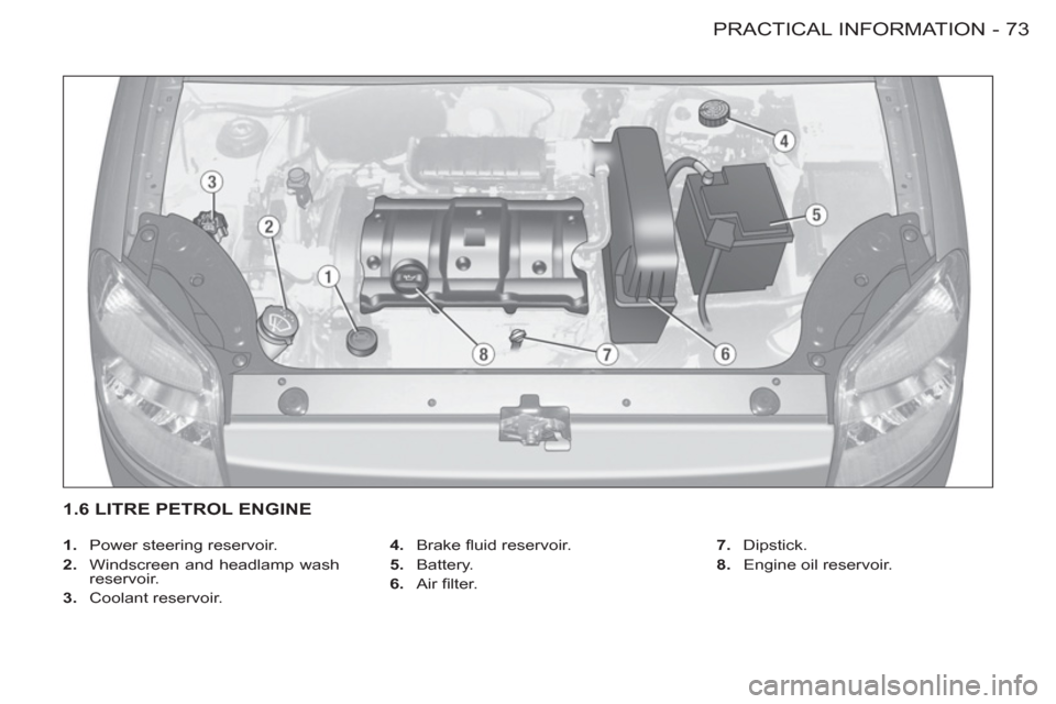 Peugeot M59 2012  Owners Manual - RHD (UK, Australia) 73 PRACTICAL INFORMATION
-
   
 
1. 
  Power steering reservoir. 
   
2. 
  Windscreen and headlamp wash 
reservoir. 
   
3. 
 Coolant reservoir.    
4. 
 Brake ﬂ uid reservoir. 
   
5. 
 Battery. 
