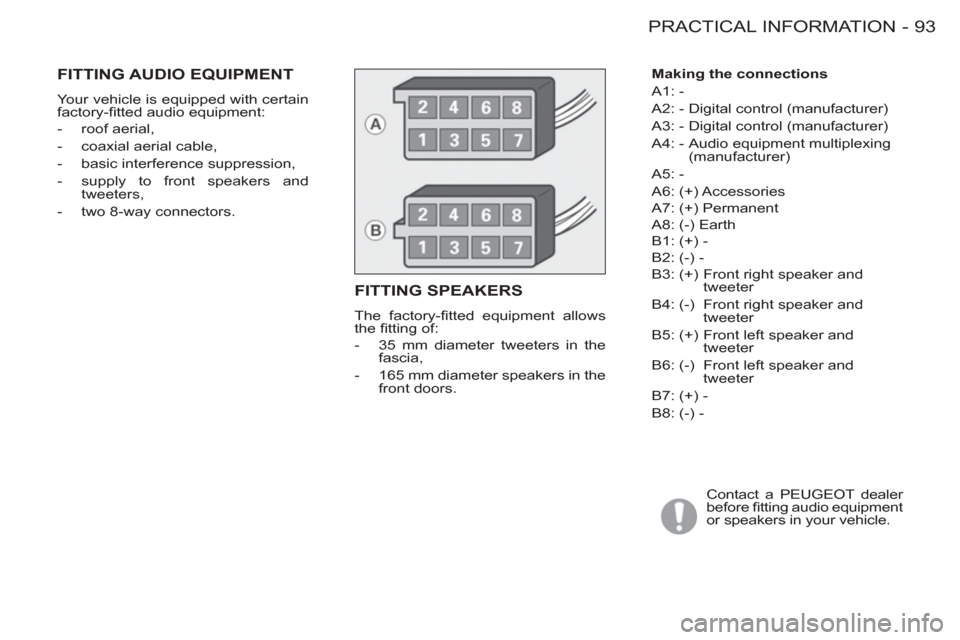 Peugeot M59 2012 - RHD (UK, Australia) Owners Manual 93 PRACTICAL INFORMATION
-
Making the connections
A1: -
A2: - Digital control (manufacturer)
A3: - Digital control (manufacturer)
A4: - Audio equipment multiplexing
(manufacturer)
Peugeot M59 2012 - RHD (UK, Australia) Owners Manual 93 PRACTICAL INFORMATION
-
Making the connections
A1: -
A2: - Digital control (manufacturer)
A3: - Digital control (manufacturer)
A4: - Audio equipment multiplexing
(manufacturer)