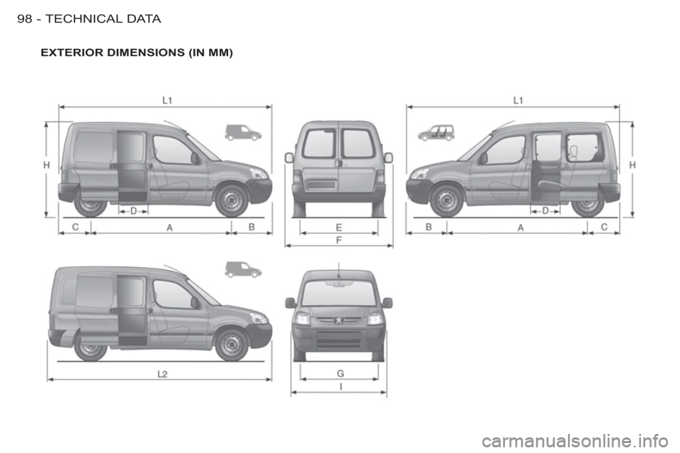 Peugeot M59 2012 - RHD (UK, Australia) Owners Manual TECHNICAL DATA
98 -
EXTERIOR DIMENSIONS (IN MM) Peugeot M59 2012 - RHD (UK, Australia) Owners Manual TECHNICAL DATA
98 -
EXTERIOR DIMENSIONS (IN MM)