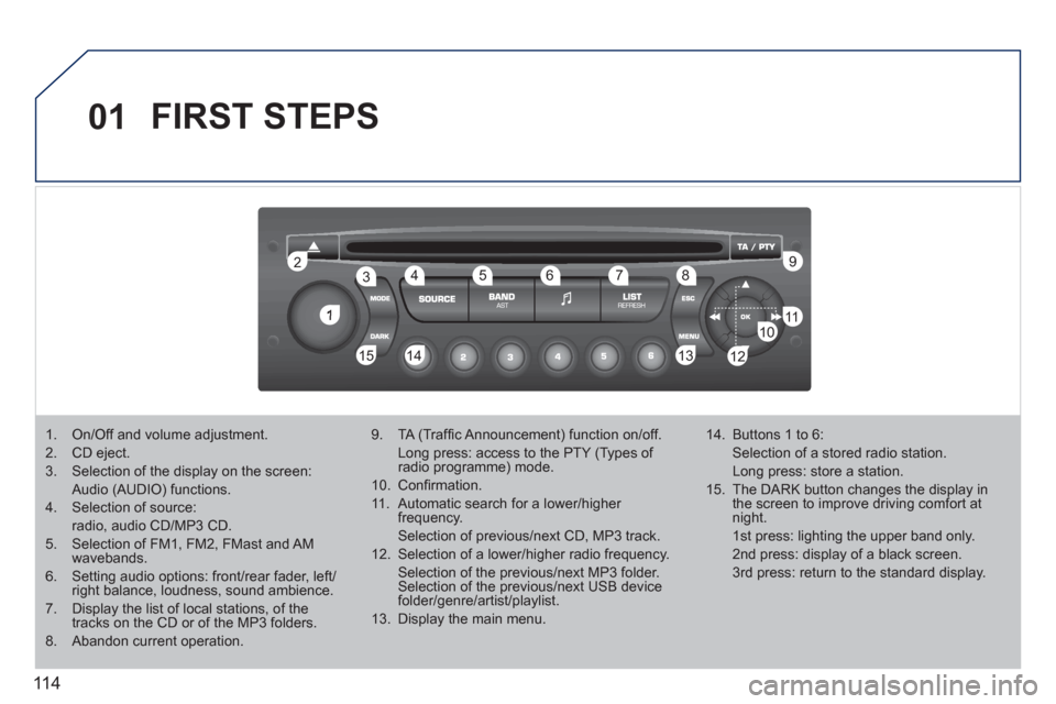 Peugeot M59 2011  Owners Manual 11 4
01
1
22
10101111
133144155
33445566778899
122
FIRST STEPS 
1.  On/Off and volume adjustment. 
2.  CD eject. 
3.  Selection of the display on the screen: 
Audio (AUDIO) functions.
4.  Selection of