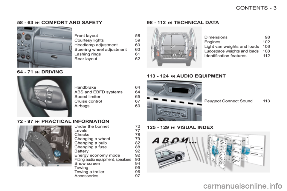 Peugeot M59 2011  Owners Manual 3CONTENTS
-
98 - 112 � TECHNICAL DATA
Dimensions 98
Engines 102
Light van weights and loads  106
Ludospace weights and loads  108
Identiﬁ cation features  112
125 - 129 � VISUAL INDEX 58 - 63 � C