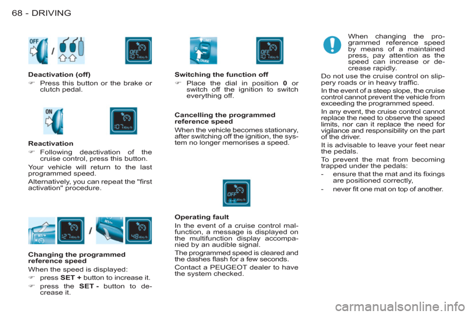 Peugeot M59 2011 Repair Manual DRIVING68 -
When changing the pro-
grammed reference speed
by means of a maintained
press, pay attention as the
speed can increase or de-
crease rapidly.
Do not use the cruise control on slip- Peugeot M59 2011 Repair Manual DRIVING68 -
When changing the pro-
grammed reference speed
by means of a maintained
press, pay attention as the
speed can increase or de-
crease rapidly.
Do not use the cruise control on slip-