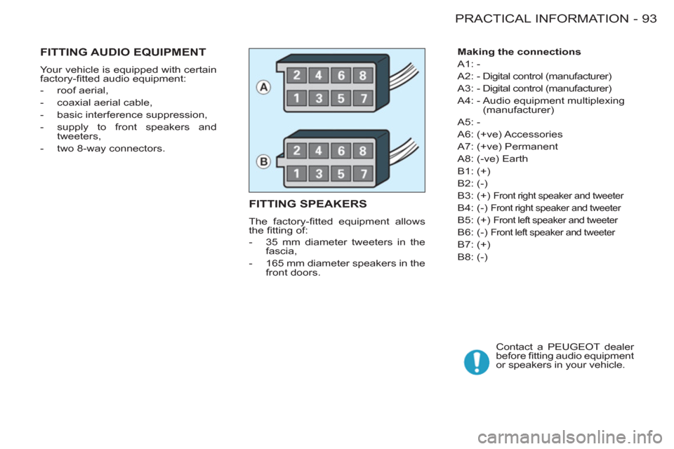Peugeot M59 2011 Owners Manual 93 PRACTICAL INFORMATION
-
Making the connections
A1: -
A2: - Digital control (manufacturer)
A3: - Digital control (manufacturer)
A4: - Audio equipment multiplexing
(manufacturer)
Peugeot M59 2011 Owners Manual 93 PRACTICAL INFORMATION
-
Making the connections
A1: -
A2: - Digital control (manufacturer)
A3: - Digital control (manufacturer)
A4: - Audio equipment multiplexing
(manufacturer)