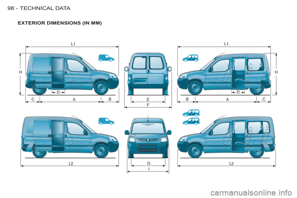 Peugeot M59 2011  Owners Manual TECHNICAL DATA
98 -
  EXTERIOR DIMENSIONS (IN MM)  