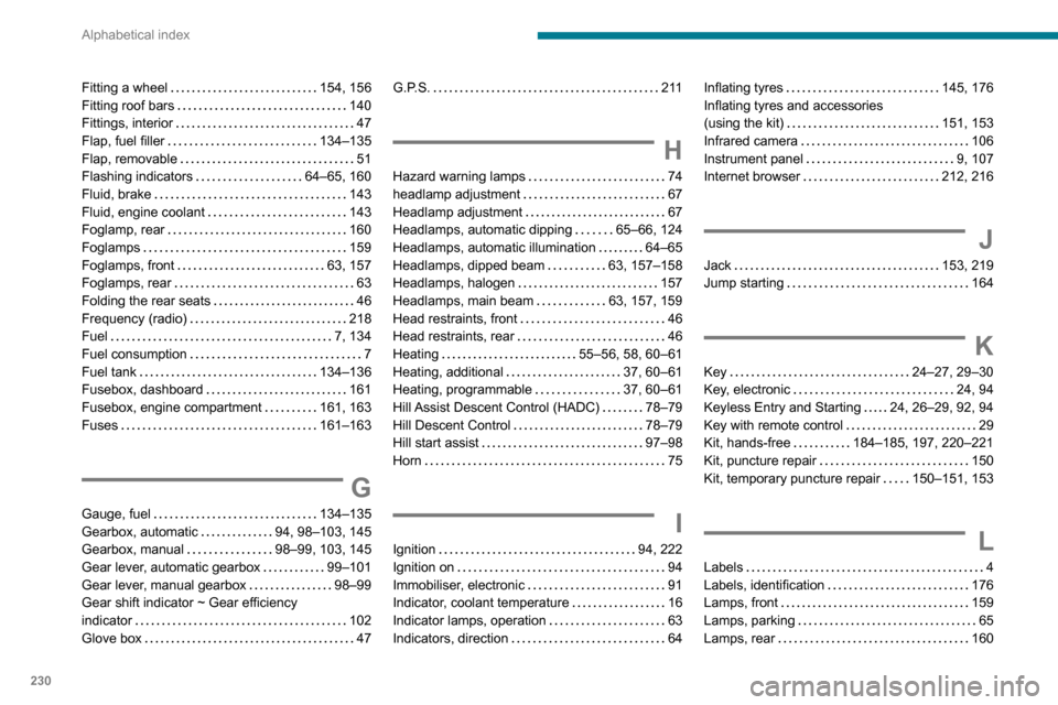 Peugeot Partner 2020  Owners Manual 230
Alphabetical index
Fitting a wheel     154, 156
Fitting roof bars     
140
Fittings, interior
    
47
Flap, fuel filler
    
134–135
Flap, removable
    
51
Flashing indicators
    
64–65, 160