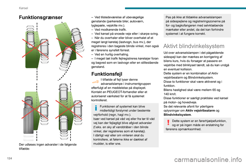 Peugeot Partner 2020 Instruktionsbog (in Danish) 124
Kørsel
Funktionsgrænser
Der udløses ingen advarsler i de følgende
tilfælde:
– Ved tilstedeværelse af ubevægelige genstande (parkerede biler, autoværn,
lygtepæle, vejskilte mv.) Peugeot Partner 2020 Instruktionsbog (in Danish) 124
Kørsel
Funktionsgrænser
Der udløses ingen advarsler i de følgende
tilfælde:
– Ved tilstedeværelse af ubevægelige genstande (parkerede biler, autoværn,
lygtepæle, vejskilte mv.)