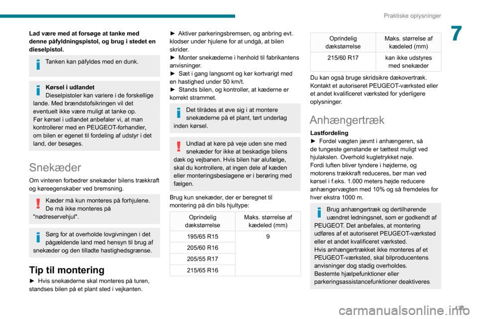 Peugeot Partner 2020 Instruktionsbog (in Danish) 135
Praktiske oplysninger
7Lad være med at forsøge at tanke med
denne påfyldningspistol, og brug i stedet en
dieselpistol.
Tanken kan påfyldes med en dunk.
Kørsel i udlandet
Dieselpistoler kan Peugeot Partner 2020 Instruktionsbog (in Danish) 135
Praktiske oplysninger
7Lad være med at forsøge at tanke med
denne påfyldningspistol, og brug i stedet en
dieselpistol.
Tanken kan påfyldes med en dunk.
Kørsel i udlandet
Dieselpistoler kan