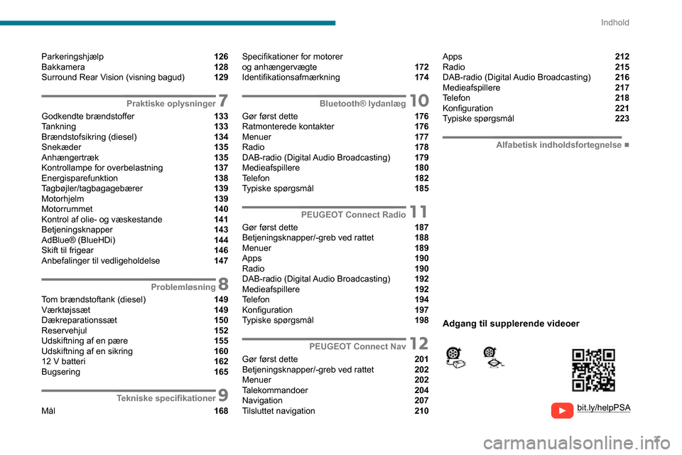 Peugeot Partner 2020  Instruktionsbog (in Danish) 3
Indhold
  
  
bit.ly/helpPSA 
 
 
Parkeringshjælp  126
Bakkamera  128
Surround Rear Vision (visning bagud)  129
 7Praktiske oplysninger
Godkendte brændstoffer  133
Tankning  133
Brændstofsikring 