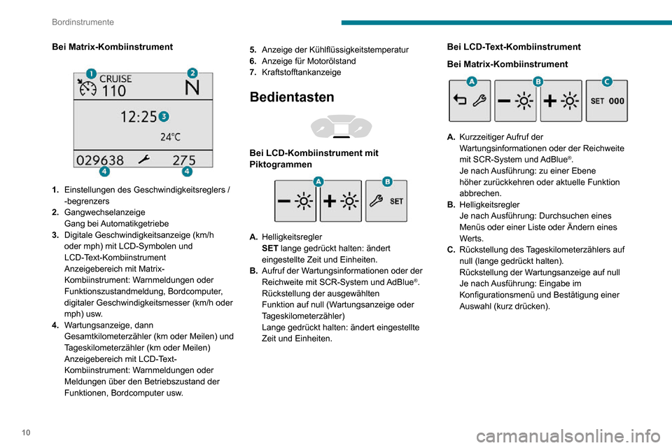 Peugeot Partner 2020  Betriebsanleitung (in German) 10
Bordinstrumente
Drehzahlmesser 
  
 
Drehzahlmesser (x 1000 U/min).
Kontroll- und 
Warnleuchten
Als Piktogrammanzeigen weisen diese Kontrollleuchten auf das Auftreten einer 
Funktionsstörung hin (