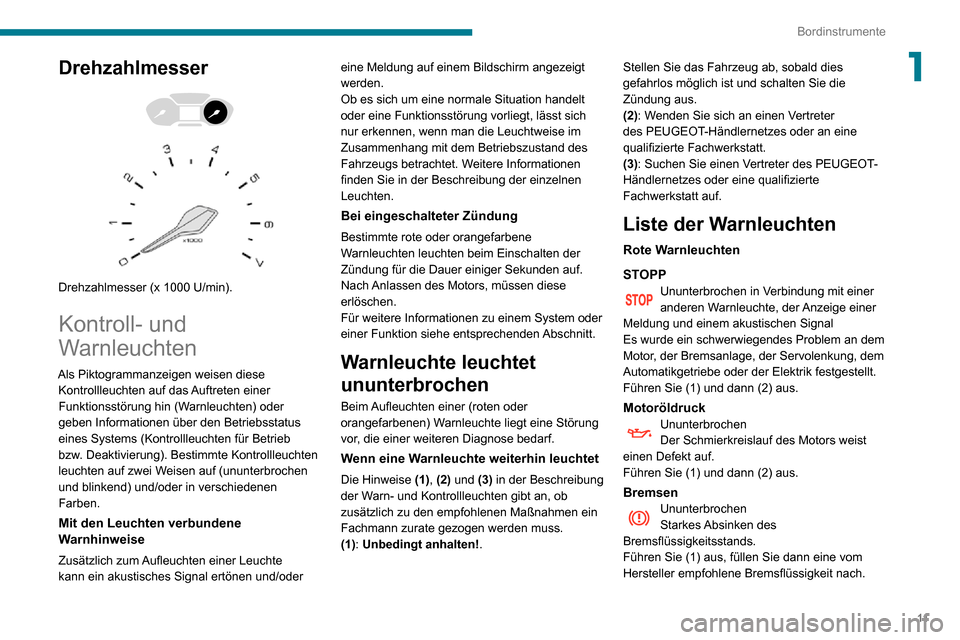 Peugeot Partner 2020  Betriebsanleitung (in German) 11
Bordinstrumente
1Drehzahlmesser 
  
 
Drehzahlmesser (x 1000 U/min).
Kontroll- und 
Warnleuchten
Als Piktogrammanzeigen weisen diese Kontrollleuchten auf das Auftreten einer 
Funktionsstörung hin 