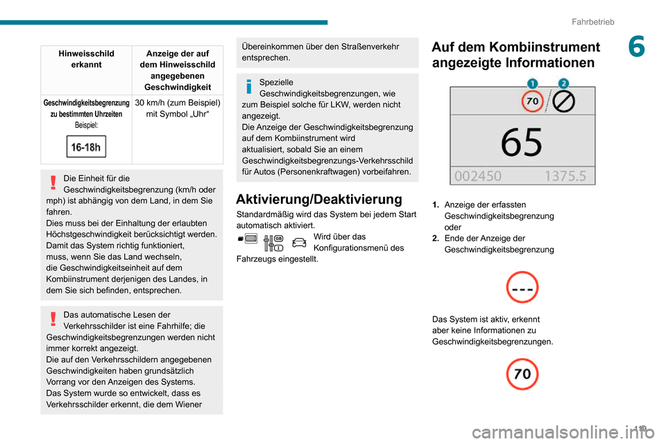 Peugeot Partner 2020 Betriebsanleitung (in German) 11 9
Fahrbetrieb
6Hinweisschild
erkannt Anzeige der auf
dem Hinweisschild angegebenen
Geschwindigkeit
Geschwindigkeitsbegrenzung zu bestimmten Uhrzeiten Beispiel:
30 km/h (zum Beispiel)mit S Peugeot Partner 2020 Betriebsanleitung (in German) 11 9
Fahrbetrieb
6Hinweisschild
erkannt Anzeige der auf
dem Hinweisschild angegebenen
Geschwindigkeit
Geschwindigkeitsbegrenzung zu bestimmten Uhrzeiten Beispiel:
30 km/h (zum Beispiel)mit S