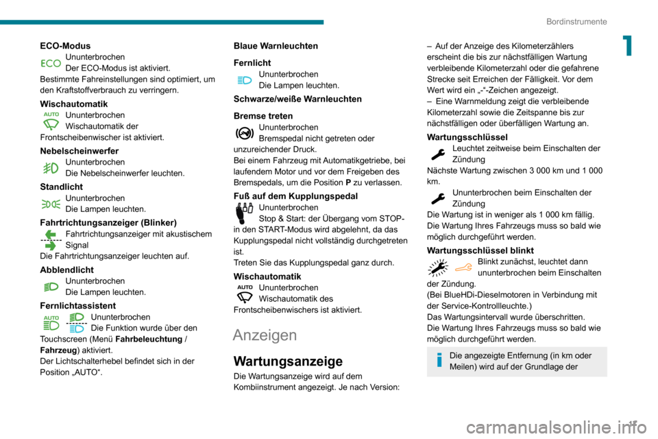 Peugeot Partner 2020  Betriebsanleitung (in German) 17
Bordinstrumente
1ECO-ModusUnunterbrochenDer ECO-Modus ist aktiviert.
Bestimmte Fahreinstellungen sind optimiert, um 
den Kraftstoffverbrauch zu verringern.
WischautomatikUnunterbrochenWischautomati