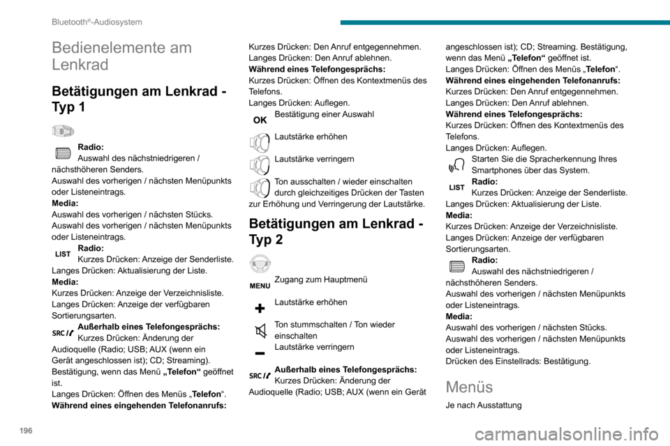 Peugeot Partner 2020  Betriebsanleitung (in German) 196
Bluetooth®-Audiosystem
„Multimedia“: Parameter Medien, 
Parameter Radio.
„Telefon“: Anrufen, Parametrierung des 
Verzeichnisses, Parametrierung des 
Telefons, Auflegen.
„Bordcomputer“