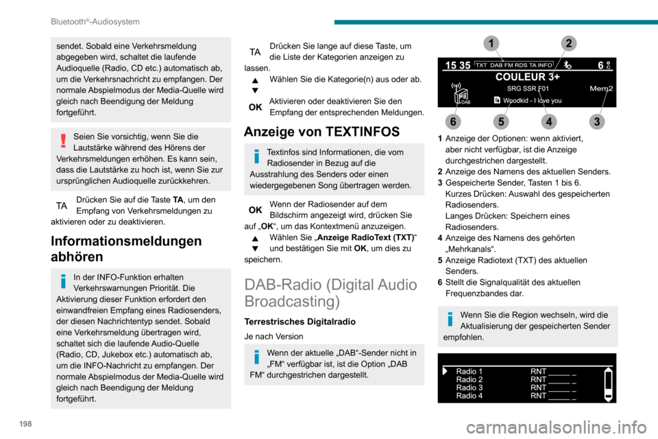 Peugeot Partner 2020 Betriebsanleitung (in German) 198
Bluetooth®-Audiosystem
Kompletten Liste aller Radiosender und aller „Mehrkanäle“.
Terrestrisches Digitalradio
Mit dem digitalen Radio können Sie
bessere Qualität und außerdem
zusätzlic Peugeot Partner 2020 Betriebsanleitung (in German) 198
Bluetooth®-Audiosystem
Kompletten Liste aller Radiosender und aller „Mehrkanäle“.
Terrestrisches Digitalradio
Mit dem digitalen Radio können Sie
bessere Qualität und außerdem
zusätzlic
