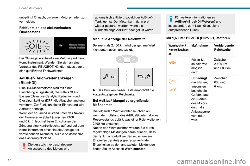 Peugeot Partner 2020  Betriebsanleitung (in German) 20
Bordinstrumente
unbedingt Öl nach, um einen Motorschaden zu 
vermeiden.
Fehlfunktion des elektronischen 
Ölmessstabs
 
 
Bei Ölmangel erscheint eine Meldung auf dem 
Kombiinstrument. Wenden Sie 