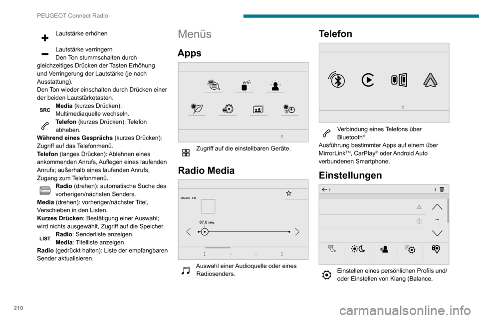 Peugeot Partner 2020  Betriebsanleitung (in German) 210
PEUGEOT Connect Radio
Lautstärke erhöhen 
Lautstärke verringern
Den Ton stummschalten durch 
gleichzeitiges Drücken der Tasten Erhöhung 
und Verringerung der Lautstärke (je nach 
Ausstattung