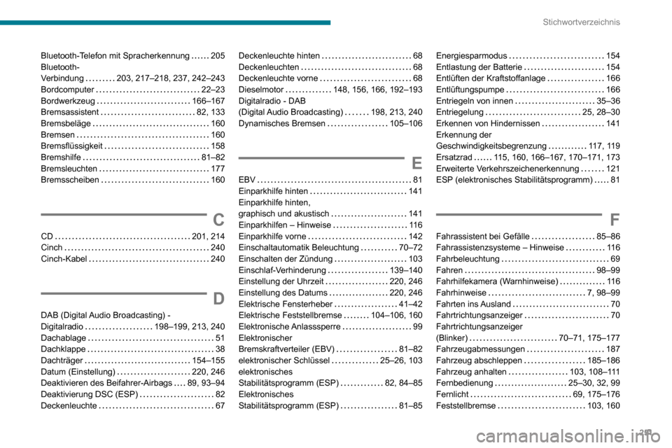Peugeot Partner 2020  Betriebsanleitung (in German) 251
Stichwortverzeichnis
Bluetooth-Telefon mit Spracherkennung   205Bluetooth- Verbindung   203, 217–218, 237, 242–243Bordcomputer   22–23Bordwerkzeug   166–167Bremsassistent   82, 133Bremsbel