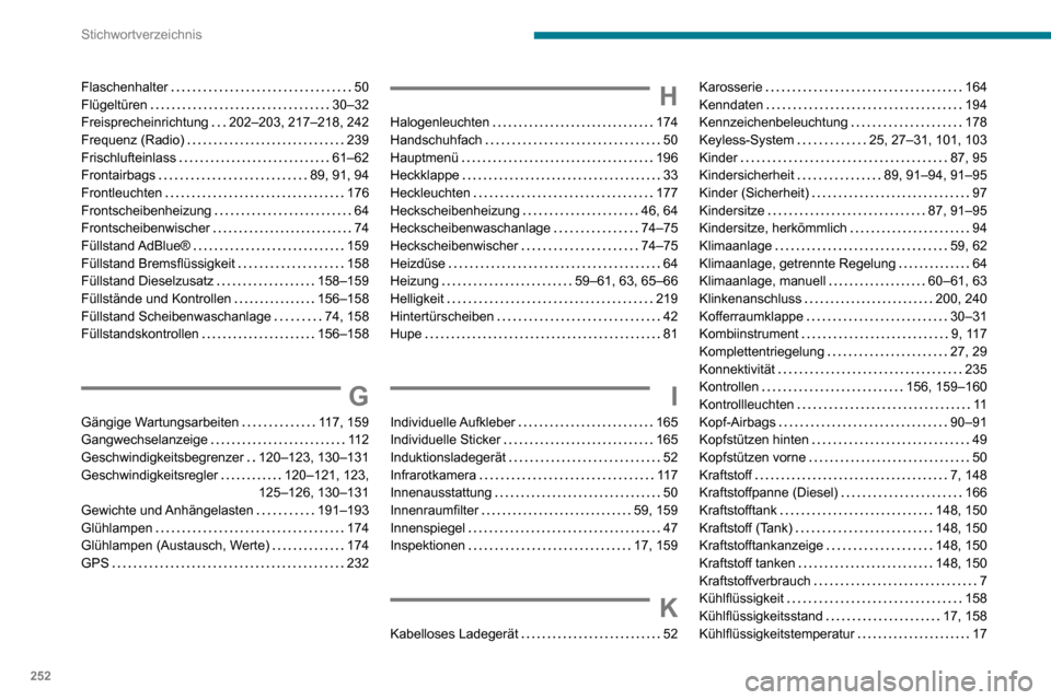 Peugeot Partner 2020  Betriebsanleitung (in German) 252
Stichwortverzeichnis
Flaschenhalter   50Flügeltüren   30–32Freisprecheinrichtung   202–203, 217–218, 242Frequenz (Radio)   239Frischlufteinlass   61–62Frontairbags   89, 91, 94Frontleuch