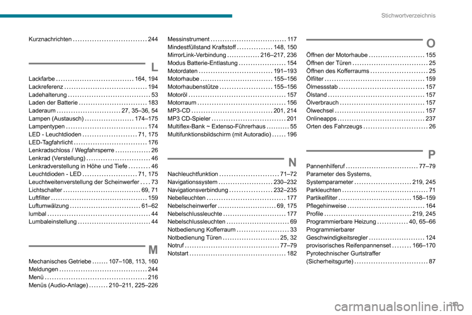 Peugeot Partner 2020  Betriebsanleitung (in German) 253
Stichwortverzeichnis
Kurznachrichten   244
L
Lackfarbe   164, 194Lackreferenz   194Ladehalterung   53Laden der Batterie   183
Laderaum   27, 35–36, 54Lampen (Austausch)   174–175Lampentypen   