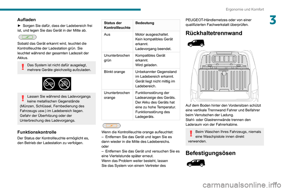 Peugeot Partner 2020  Betriebsanleitung (in German) 53
Ergonomie und Komfort
3Aufladen
► Sorgen Sie dafür, dass der Ladebereich frei ist, und legen Sie das Gerät in der Mitte ab. 
 
Sobald das Gerät erkannt wird, leuchtet die 
Kontrollleuchte der 