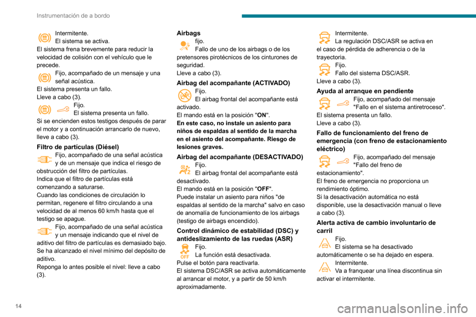 Peugeot Partner 2020  Manual del propietario (in Spanish) 14
Instrumentación de a bordo
Intermitente.El sistema se activa.
El sistema frena brevemente para reducir la 
velocidad de colisión con el vehículo que le 
precede.
Fijo, acompañado de un mensaje 