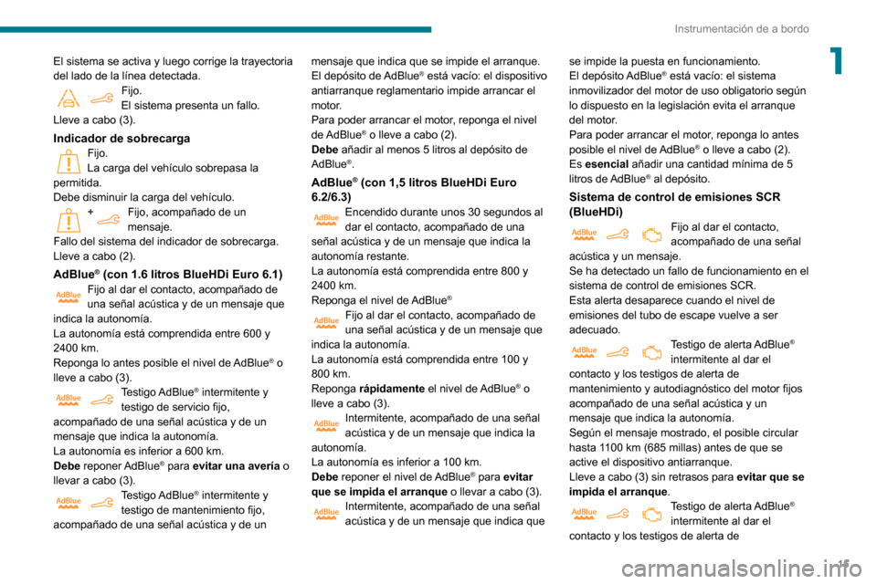 Peugeot Partner 2020  Manual del propietario (in Spanish) 15
Instrumentación de a bordo
1El sistema se activa y luego corrige la trayectoria 
del lado de la línea detectada.
Fijo.El sistema presenta un fallo.
Lleve a cabo (3).
Indicador de sobrecargaFijo.L