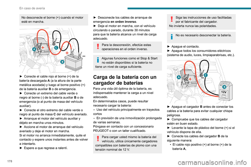 Peugeot Partner 2020 Manual del propietario (in Spanish) 178
En caso de avería
No desconecte el borne (+) cuando el motor
esté en marcha.
► Conecte el cable rojo al borne (+) de la batería descargada A (a la altura de la parte
metálica acodada) Peugeot Partner 2020 Manual del propietario (in Spanish) 178
En caso de avería
No desconecte el borne (+) cuando el motor
esté en marcha.
► Conecte el cable rojo al borne (+) de la batería descargada A (a la altura de la parte
metálica acodada)