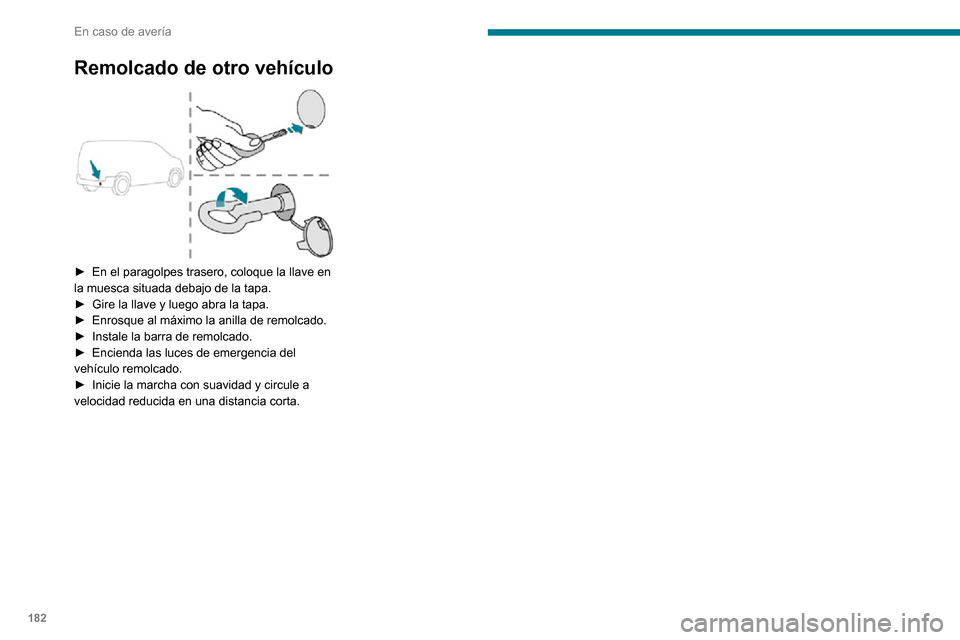 Peugeot Partner 2020 Manual del propietario (in Spanish) 182
En caso de avería
Remolcado de otro vehículo
► En el paragolpes trasero, coloque la llave en la muesca situada debajo de la tapa.► Gire la llave y luego abra la tapa.► Enrosque al máxi Peugeot Partner 2020 Manual del propietario (in Spanish) 182
En caso de avería
Remolcado de otro vehículo
► En el paragolpes trasero, coloque la llave en la muesca situada debajo de la tapa.► Gire la llave y luego abra la tapa.► Enrosque al máxi