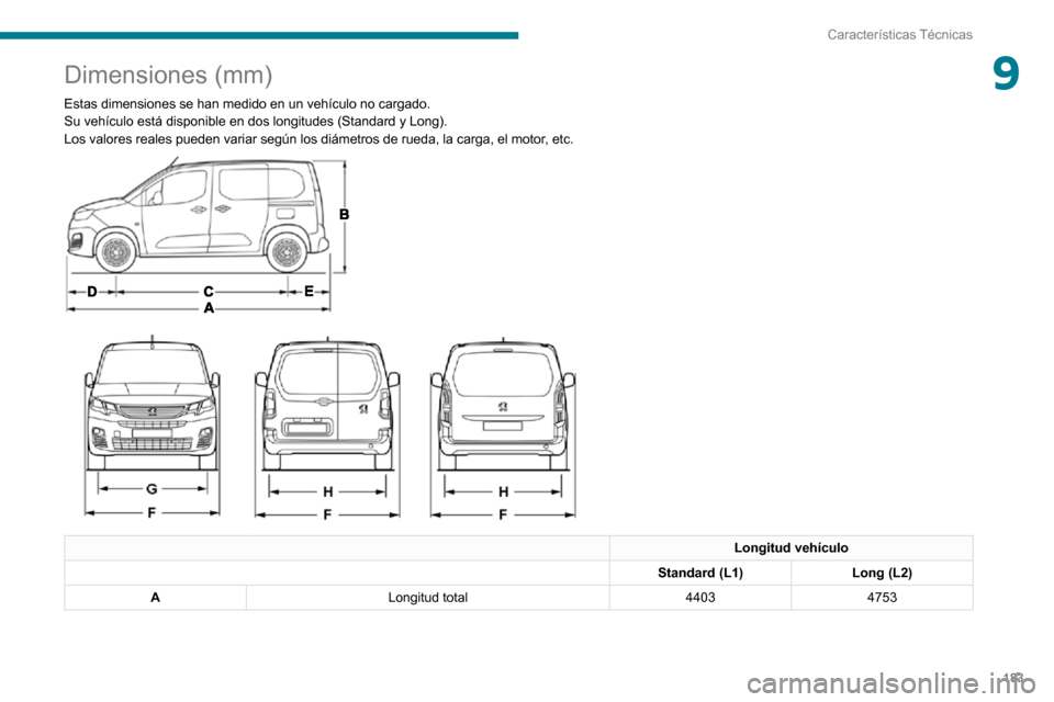 Peugeot Partner 2020 Manual del propietario (in Spanish) 183
Características Técnicas
9Dimensiones (mm)
Estas dimensiones se han medido en un vehículo no cargado.Su vehículo está disponible en dos longitudes (Standard y Long).Los valores reales pueden Peugeot Partner 2020 Manual del propietario (in Spanish) 183
Características Técnicas
9Dimensiones (mm)
Estas dimensiones se han medido en un vehículo no cargado.Su vehículo está disponible en dos longitudes (Standard y Long).Los valores reales pueden