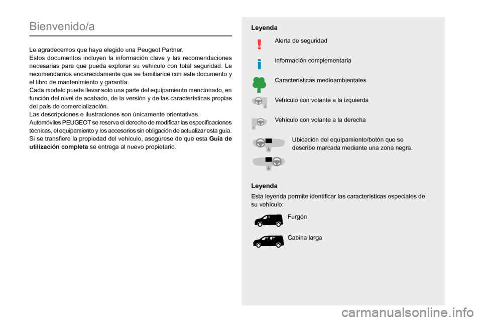 Peugeot Partner 2020  Manual del propietario (in Spanish)   
 
 
 
 
 
  
  
   
   
 
  
 
  
 
 
 
   
 
 
  
Bienvenido/a
Le agradecemos que haya elegido una Peugeot Partner.Estos documentos incluyen la información clave y las recomendaciones 
necesarias