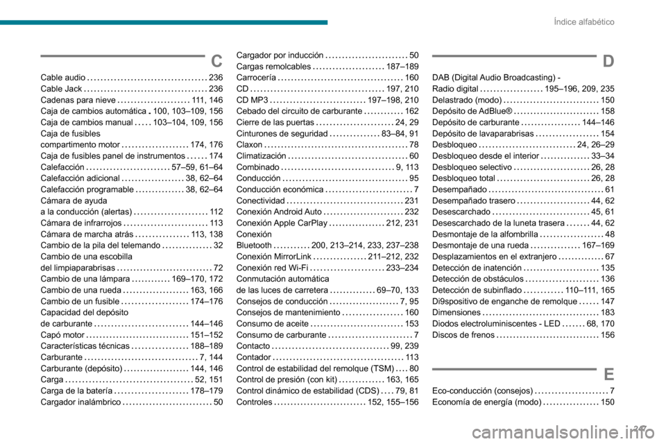 Peugeot Partner 2020  Manual del propietario (in Spanish) 247
Índice alfabético
C
Cable audio   236Cable Jack   236Cadenas para nieve   111, 146Caja de cambios automática   100, 103–109, 156Caja de cambios manual   103–104, 109, 156Caja de fusibles  c