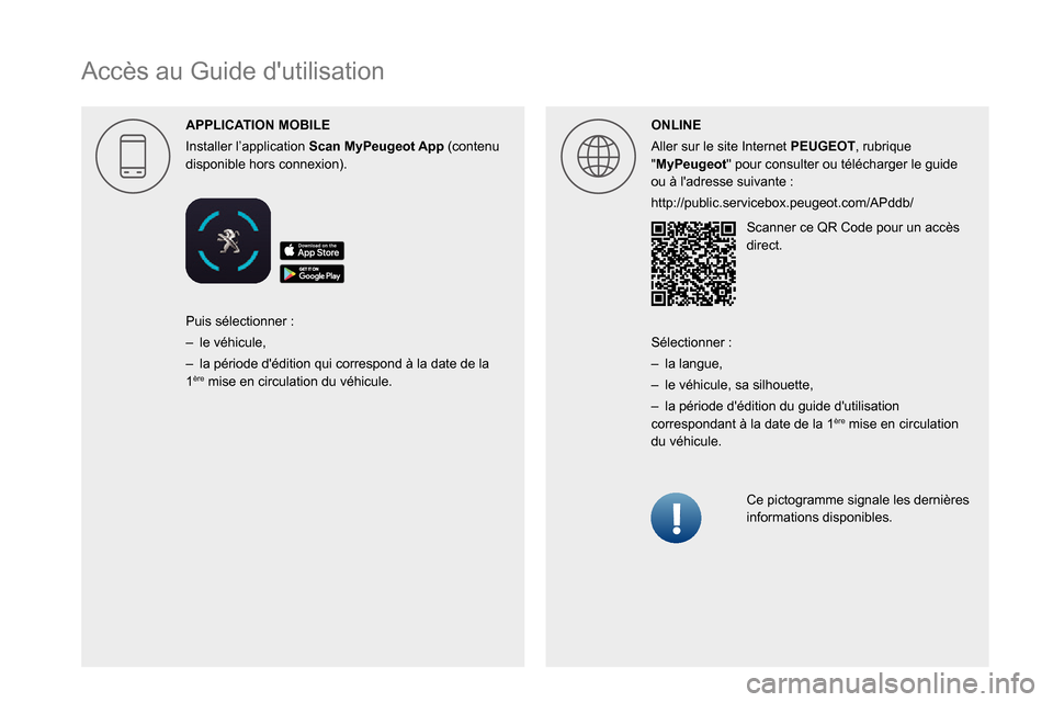 Peugeot Partner 2020 Manuel du propriétaire (in French)
Accès au Guide dutilisation
APPLICA
Installer l’application Scan (contenu
disponible hors connexion). ONLINE
Aller sur le site Internet PEUGEOT, rubrique
"MyPeugeot" pour Peugeot Partner 2020 Manuel du propriétaire (in French)
Accès au Guide dutilisation
APPLICA
Installer l’application Scan (contenu
disponible hors connexion). ONLINE
Aller sur le site Internet PEUGEOT, rubrique
"MyPeugeot" pour