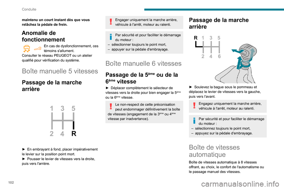 Peugeot Partner 2020 Manuel du propriétaire (in French) 102
Conduite
maintenu un court instant dès que vous
relâchez la pédale de frein.
Anomalie de fonctionnement
En cas de dysfonctionnement, ces témoins sallument.
Consulter le réseau PEUGEOT ou un Peugeot Partner 2020 Manuel du propriétaire (in French) 102
Conduite
maintenu un court instant dès que vous
relâchez la pédale de frein.
Anomalie de fonctionnement
En cas de dysfonctionnement, ces témoins sallument.
Consulter le réseau PEUGEOT ou un
