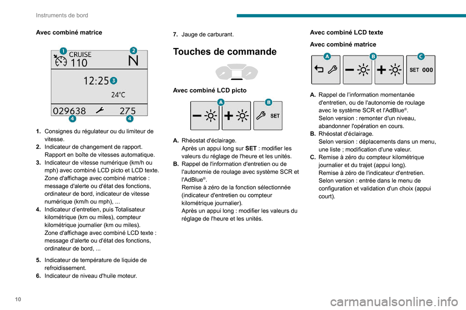 Peugeot Partner 2020 Manuel du propriétaire (in French) 10
Instruments de bord
Avec combiné matrice
1.Consignes du régulateur ou du limiteur de
vitesse.
2. Indicateur de changement de rapport.
Rapport en boîte de vitesses automatique.
3. Indicateur Peugeot Partner 2020 Manuel du propriétaire (in French) 10
Instruments de bord
Avec combiné matrice
1.Consignes du régulateur ou du limiteur de
vitesse.
2. Indicateur de changement de rapport.
Rapport en boîte de vitesses automatique.
3. Indicateur