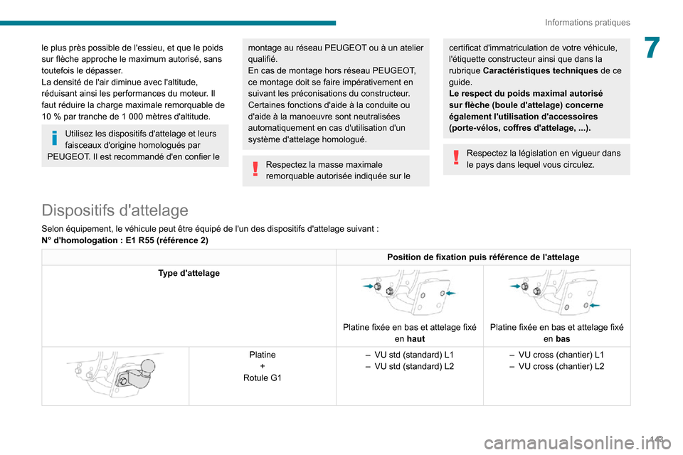 Peugeot Partner 2020 Manuel du propriétaire (in French) 143
Informations pratiques
7le plus près possible de lessieu, et que le poids
sur flèche approche le maximum autorisé, sans
toutefois le dépasser.
La densité de lair diminue avec laltitude, Peugeot Partner 2020 Manuel du propriétaire (in French) 143
Informations pratiques
7le plus près possible de lessieu, et que le poids
sur flèche approche le maximum autorisé, sans
toutefois le dépasser.
La densité de lair diminue avec laltitude,