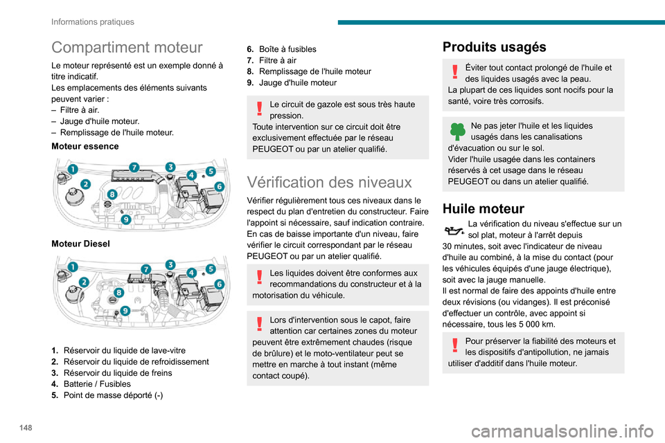 Peugeot Partner 2020 Manuel du propriétaire (in French) 148
Informations pratiques
Compartiment moteur
Le moteur représenté est un exemple donné à
titre indicatif.
Les emplacements des éléments suivants
peuvent varier :– Filtre à air.– Jauge d Peugeot Partner 2020 Manuel du propriétaire (in French) 148
Informations pratiques
Compartiment moteur
Le moteur représenté est un exemple donné à
titre indicatif.
Les emplacements des éléments suivants
peuvent varier :– Filtre à air.– Jauge d