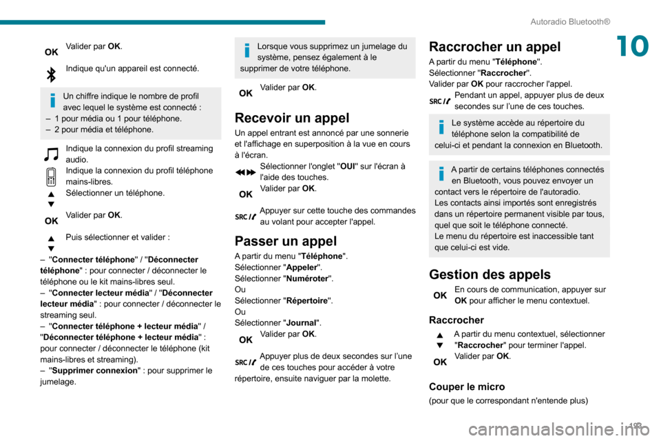 Peugeot Partner 2020 Manuel du propriétaire (in French) 193
Autoradio Bluetooth®
10Valider par OK.
Indique quun appareil est connecté.
Un chiffre indique le nombre de profil
avec lequel le système est connecté :
– 1 pour média ou 1 pour téléph Peugeot Partner 2020 Manuel du propriétaire (in French) 193
Autoradio Bluetooth®
10Valider par OK.
Indique quun appareil est connecté.
Un chiffre indique le nombre de profil
avec lequel le système est connecté :
– 1 pour média ou 1 pour téléph