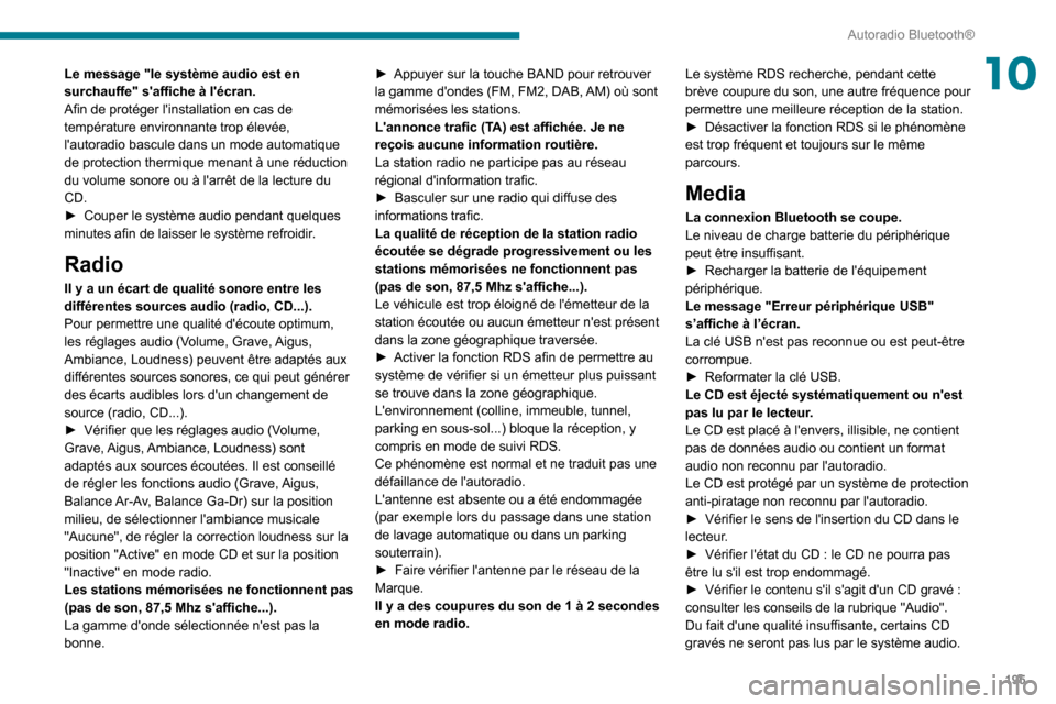 Peugeot Partner 2020 Manuel du propriétaire (in French) 195
Autoradio Bluetooth®
10Le message "le système audio est en
surchauffe" saffiche à lécran.
Afin de protéger linstallation en cas de
température environnante trop élevée,
lautoradio b Peugeot Partner 2020 Manuel du propriétaire (in French) 195
Autoradio Bluetooth®
10Le message "le système audio est en
surchauffe" saffiche à lécran.
Afin de protéger linstallation en cas de
température environnante trop élevée,
lautoradio b