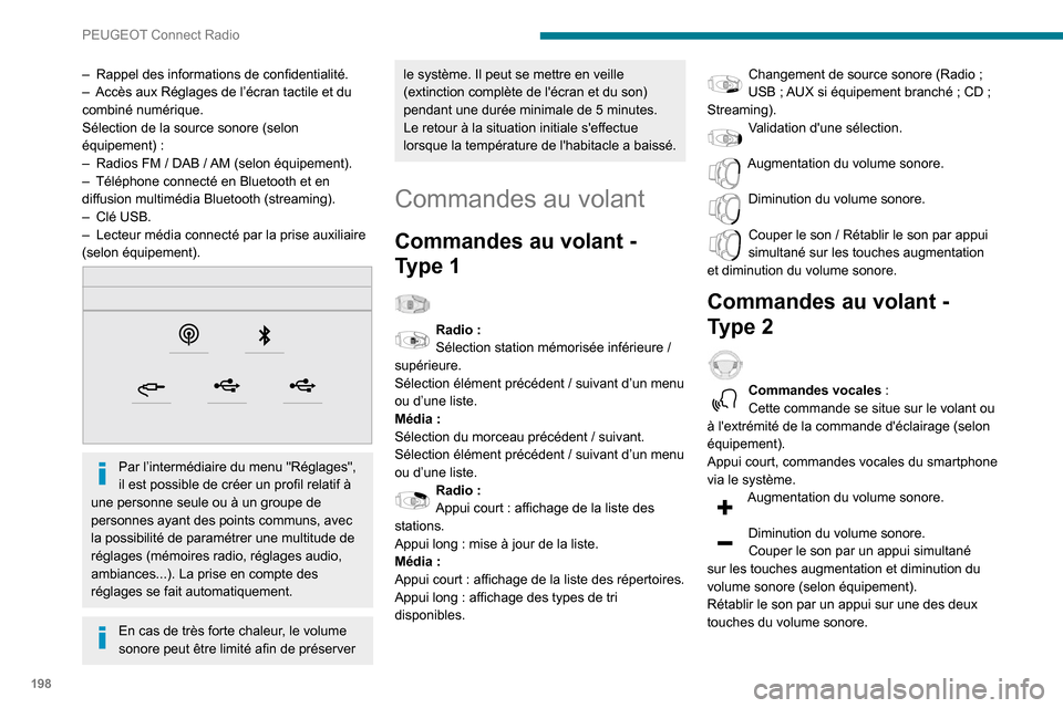 Peugeot Partner 2020 Manuel du propriétaire (in French) 198
PEUGEOT Connect Radio
– Rappel des informations de confidentialité.– Accès aux Réglages de l’écran tactile et du combiné numérique.
Sélection de la source sonore (selon
équipement) Peugeot Partner 2020 Manuel du propriétaire (in French) 198
PEUGEOT Connect Radio
– Rappel des informations de confidentialité.– Accès aux Réglages de l’écran tactile et du combiné numérique.
Sélection de la source sonore (selon
équipement)